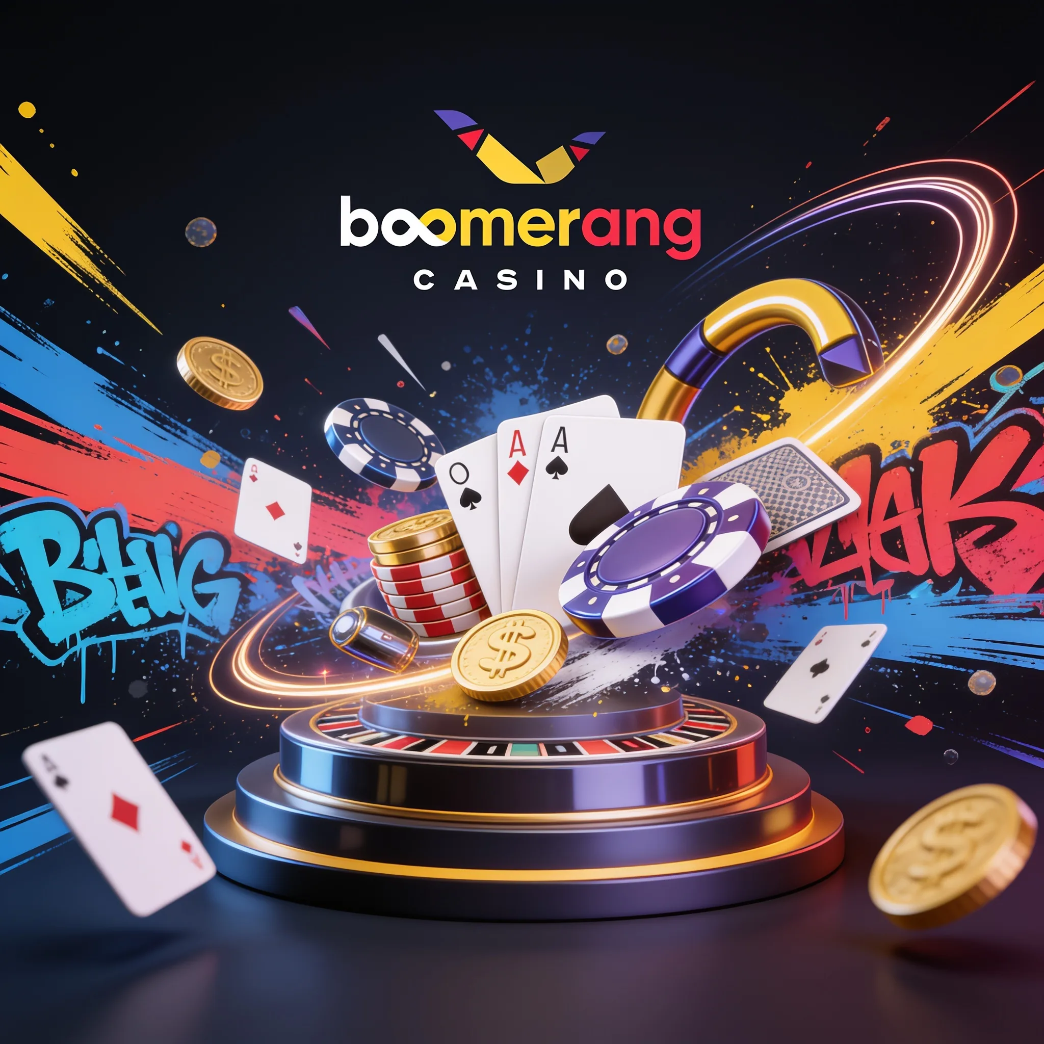 Boomerang Casino Logo über Karten, Chips und Spielen